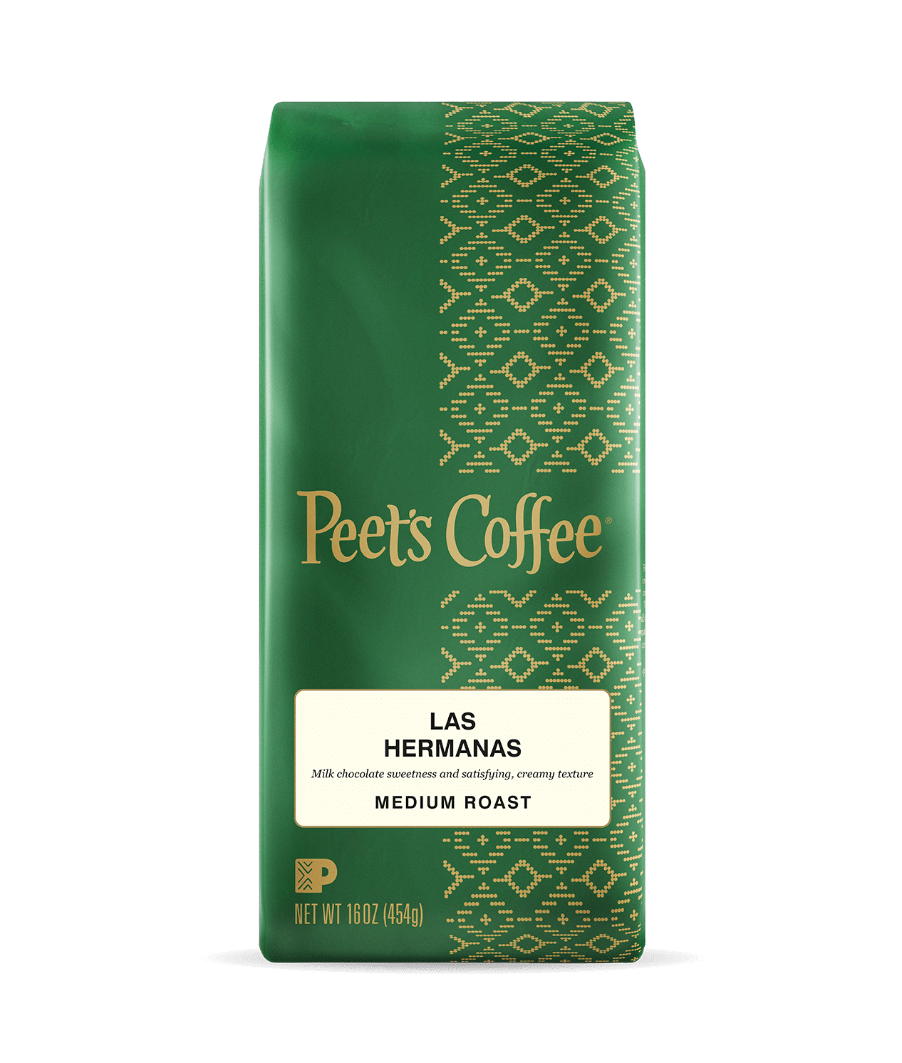 Peet's Coffee Las Hermanas Medium Roast Coffee beans in a green 16 ounce bag
